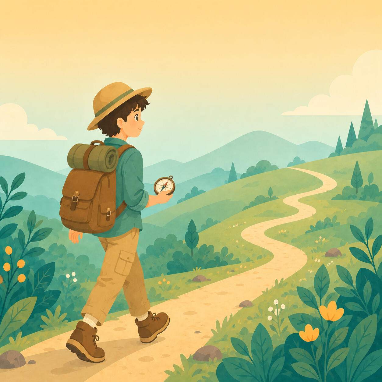 Illustration of a young explorer character walking a trail with a compass, representing the Trail Explorer reading level