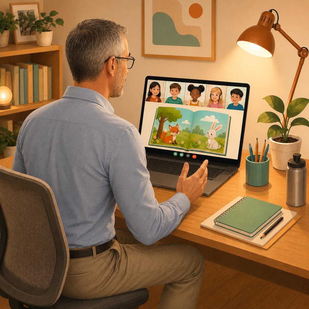 Tutor teaching English to children online via video call, sharing a storybook on screen