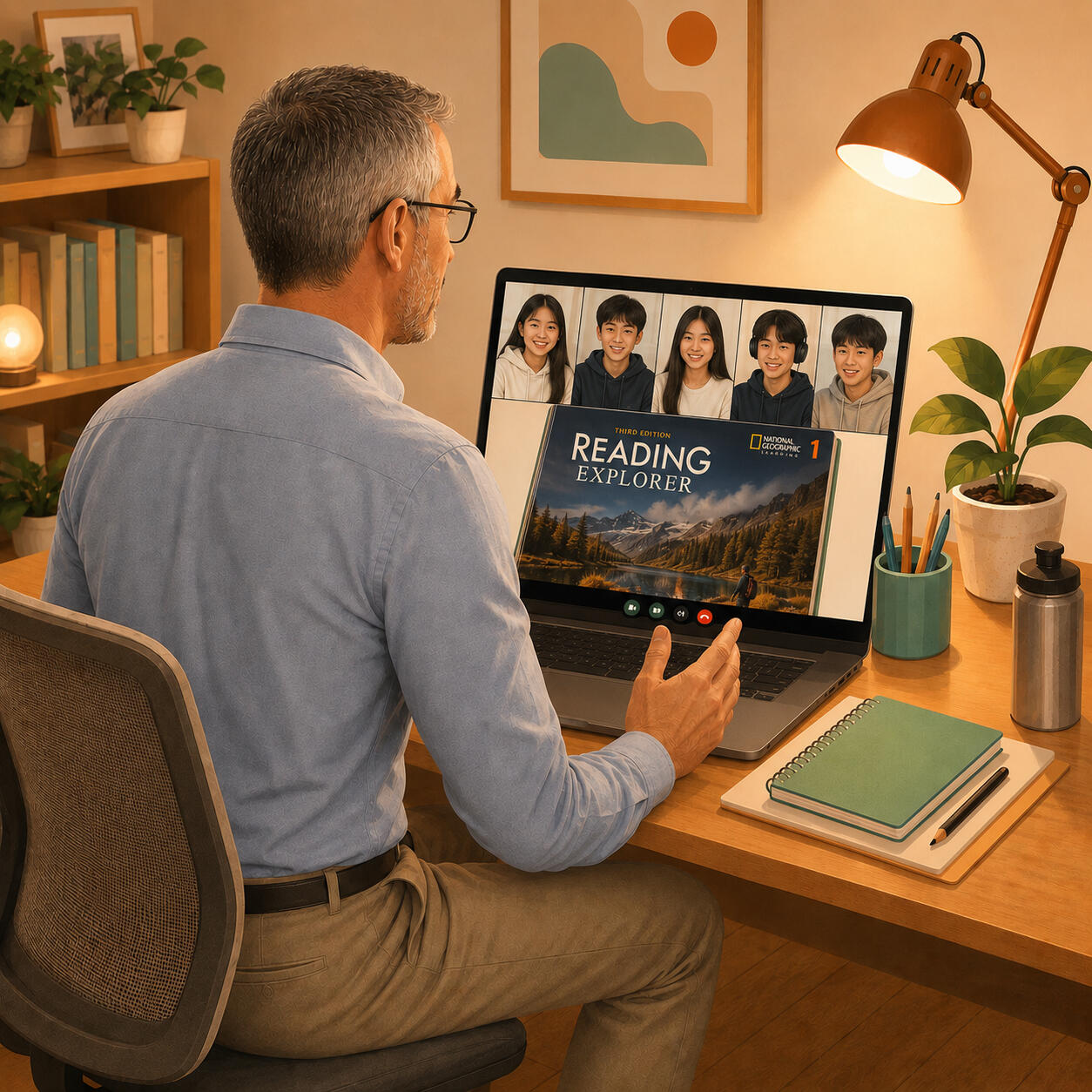 CircleUp English online class Tutor teaching English to children online via video call, sharing a storybook on screen