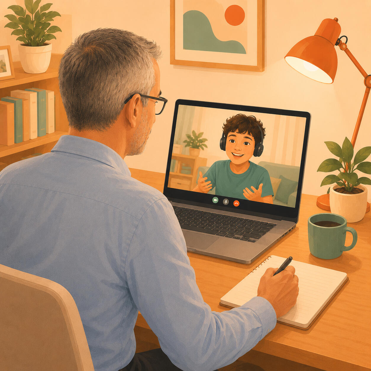 Illustration of a tutor conducting a one on one online English placement test with a student